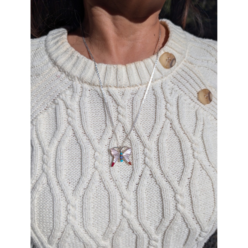Zuni Sterling Silver Butterfly Inlay Necklace Turquoise Lapis Coral Stones ** - Picture 10 of 10